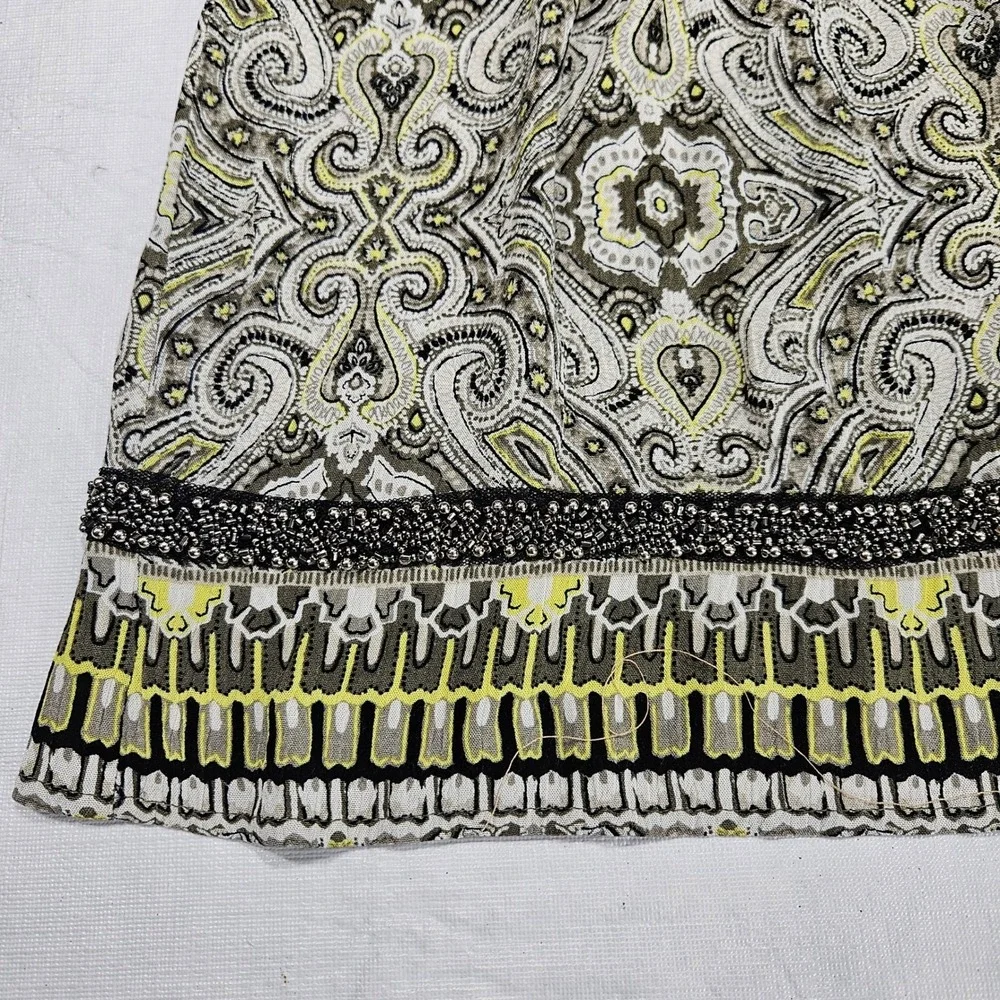Dress Barn Women L Paisley Medallion Beaded Trim A-Line Skirt‎ Olive Yellow Boho